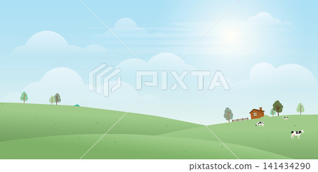Livestock flat design illustration background for eco or daily products advertisement. Rural landscape with hills, field, trees, grass, log cabin, farm and cows. Livestock flat design illustration background for eco or daily products advertisement. Rural landscape with hills, field, trees, grass, log cabin, farm and cows. 141434290