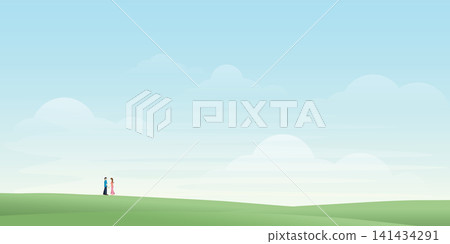 Couple of lover stay together on hill with blue sky background childish style vector illustration with blank space. Love concept doodle lines flat design. 141434291