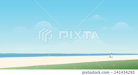 Seascape and blue sky have man sitting alone on the beach flat design. Tropical beach with blank space vector illustration. Seascape and blue sky have man sitting alone on the beach flat design. Tropical beach with blank space vector illustration. 141434293