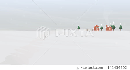 Livestock in winter season flat design vector illustration with blank space. Rural landscape, log cabin, farm and pines with heavy snow. Livestock in winter season flat design vector illustration with blank space. Rural landscape, log cabin, farm and pines with heavy snow. 141434302