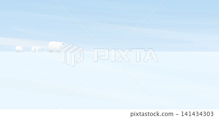 Polar bears family walking on ice in nebulous weather at North Pole vector illustration. Snow landscape concept with blank space. Polar bears family walking on ice in nebulous weather at North Pole vector illustration. Snow landscape concept with blank space. 141434303