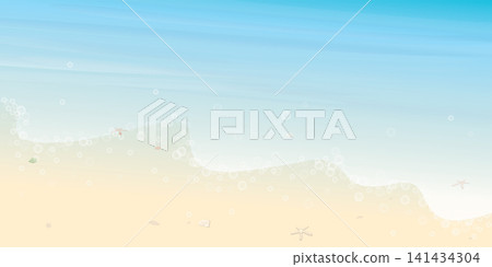 Tropical beach with wave, shells and starfish on white sand vector illustration. Seaside concept with blank space. 141434304