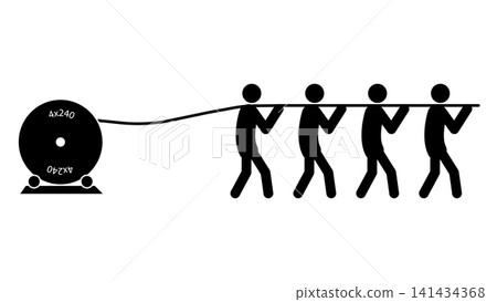 Electricians pulling heavy power cable from drum reel. 141434368