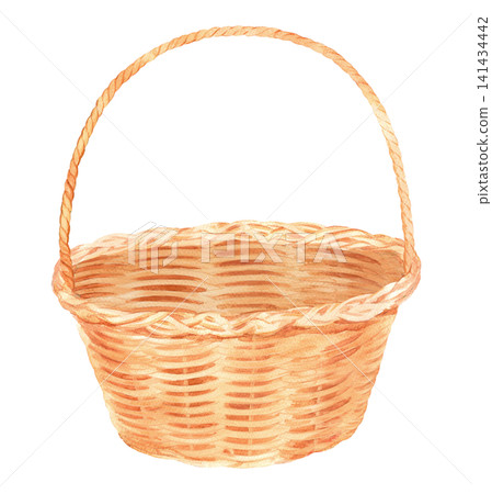 Straw basket. Watercolor illustration. Handmade art work. For packaging design, cards, cover, prints, product labels and fabric. Straw basket. Watercolor illustration. Handmade art work. For packaging design, cards, cover, prints, product labels and fabric. 141434442
