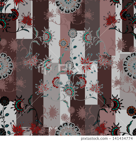 Floral seamless pattern, Flower chintz pattern seamless vector border print. Botanical batik background. Arabesque floral ornament motif for decoration fabric, women clothing, scarf, wallpaper design. Floral seamless pattern, Flower chintz pattern seamless vector border print. Botanical batik background. Arabesque floral ornament motif for decoration fabric, women clothing, scarf, wallpaper design. 141434774