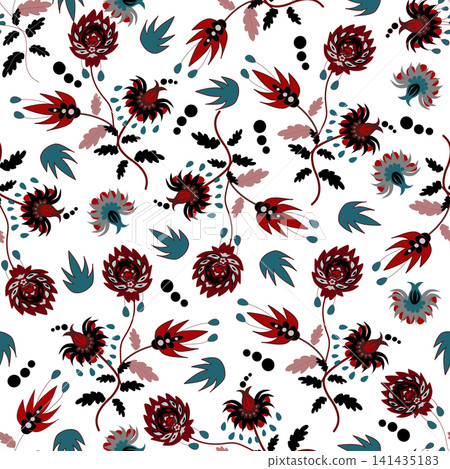 Floral seamless pattern, Flower chintz pattern seamless vector border print. Botanical batik background. Arabesque floral ornament motif for decoration fabric, women clothing, scarf, wallpaper design. 141435183