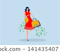 Girl  gen z shopping with money, credit card debt financial loa .Overspending, shopping buy now pay later, credit card debt from retail purchase, consumer debt 141435407