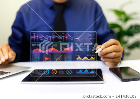 analyst working in Business Analytics and Data Management System , business analysis and Data Management System with KPI and metrics connected to the database for technology finance, analyst working in Business Analytics and Data Management System , business analysis and Data Management System with KPI and metrics connected to the database for technology finance, 141436102