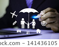Online Insurance Policy Document with Application Concept, Digital Agreement and Financial Protection. car , house , life ,healthcare , family , travel protecting. 141436105