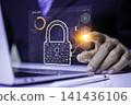 Cybersecurity alert concept with shield and warning sign, data protection, network security and digital privacy. 141436106