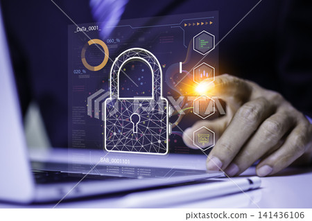 Cybersecurity alert concept with shield and warning sign, data protection, network security and digital privacy. Cybersecurity alert concept with shield and warning sign, data protection, network security and digital privacy. 141436106