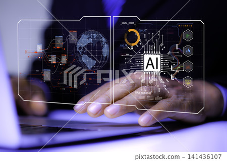 Businessman working  using AI data analysis for business. Data Management System with KPI and metrics connected to the database for technology finance, 141436107