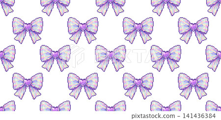 Seamless pixel bow pattern with iridescent pastel ribbon design in cute y2k style Seamless pixel bow pattern with iridescent pastel ribbon design in cute y2k style 141436384