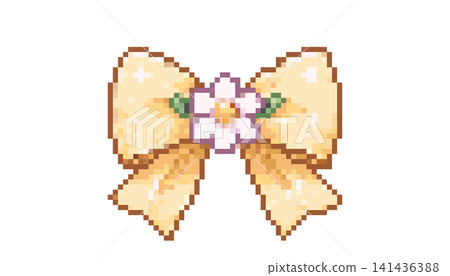 Cute yellow pixel bow with floral ribbon detail in pastel y2k style Cute yellow pixel bow with floral ribbon detail in pastel y2k style 141436388