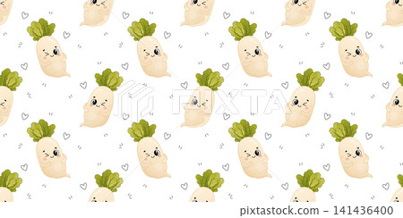 Cute daikon seamless pattern with kawaii vegetable characters Cute daikon seamless pattern with kawaii vegetable characters 141436400