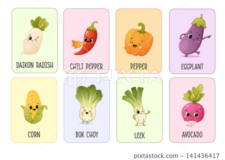 Cute vegetable flashcards for children with kawaii food characters 141436417