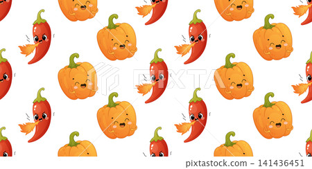 Cute vegetable pattern with spicy chili pepper and pumpkin characters Cute vegetable pattern with spicy chili pepper and pumpkin characters 141436451