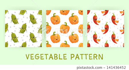 Cute vegetable pattern set with cucumber pumpkin and chili characters Cute vegetable pattern set with cucumber pumpkin and chili characters 141436452