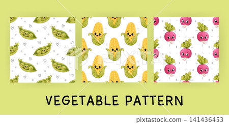 Cute vegetable pattern set with peas corn and radish characters Cute vegetable pattern set with peas corn and radish characters 141436453