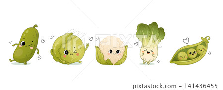 Cute green vegetable characters set with cucumber cabbage cauliflower broccoli and peas Cute green vegetable characters set with cucumber cabbage cauliflower broccoli and peas 141436455
