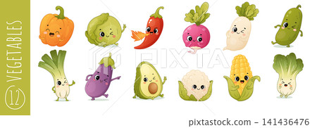 Cute vegetable characters set with pumpkin cabbage chili radish cucumber and avocado Cute vegetable characters set with pumpkin cabbage chili radish cucumber and avocado 141436476