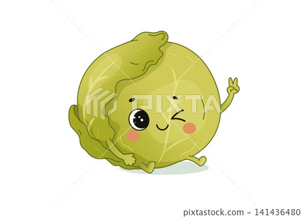 Cute smiling cabbage vegetable character in kawaii cartoon style Cute smiling cabbage vegetable character in kawaii cartoon style 141436480