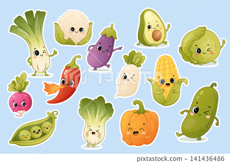 Cute vegetable character sticker set with pumpkin cabbage chili pepper radish and avocado Cute vegetable character sticker set with pumpkin cabbage chili pepper radish and avocado 141436486