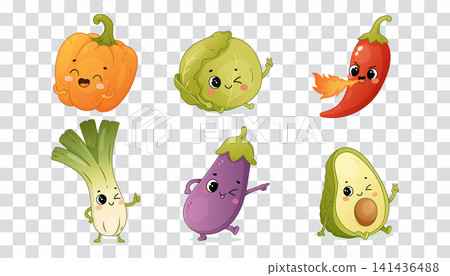 Cute vegetable characters set with pumpkin cabbage chili pepper cucumber corn and avocado Cute vegetable characters set with pumpkin cabbage chili pepper cucumber corn and avocado 141436488