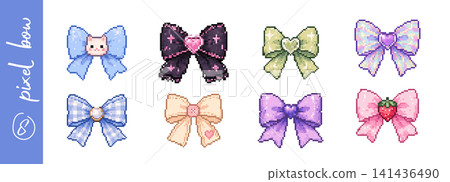 Pixel bow icons set with cute pastel ribbon designs in y2k style Pixel bow icons set with cute pastel ribbon designs in y2k style 141436490