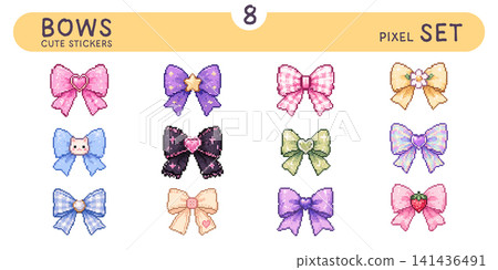 Pixel bow sticker set with cute pastel ribbon icons in pink y2k style Pixel bow sticker set with cute pastel ribbon icons in pink y2k style 141436491