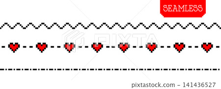 Seamless pixel border pattern with hearts dotted line and wave in retro 8 bit style Seamless pixel border pattern with hearts dotted line and wave in retro 8 bit style 141436527