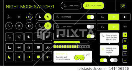 Y2k night mode switch ui set with dark theme light mode toggle and interface elements Y2k night mode switch ui set with dark theme light mode toggle and interface elements 141436536