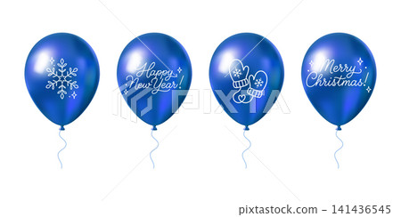 Blue holographic balloons with Christmas and New Year holiday lettering and winter icons Blue holographic balloons with Christmas and New Year holiday lettering and winter icons 141436545