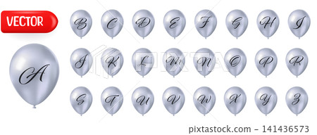 silver balloon alphabet set with handwritten letter isolated 141436573