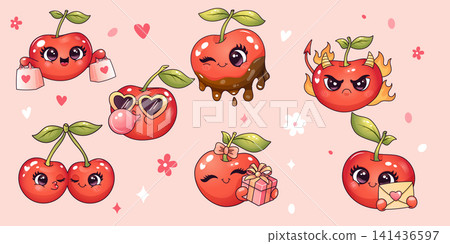 Cute cherry character sticker set with kawaii faces and playful emotions 141436597