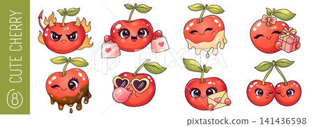 Cute cherry character sticker collection with kawaii emotions and fun cartoon style Cute cherry character sticker collection with kawaii emotions and fun cartoon style 141436598