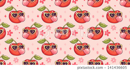 Seamless pattern with cute cherry character blowing bubble gum in kawaii style Seamless pattern with cute cherry character blowing bubble gum in kawaii style 141436605