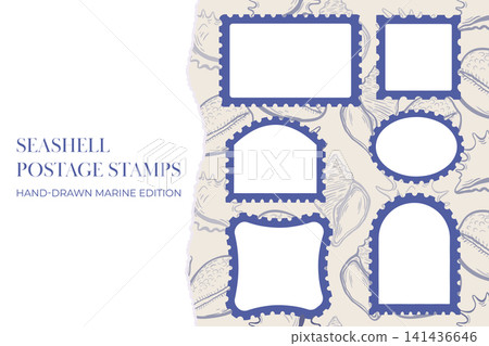 Marine seashell postage stamp frame template collection with blank vector border set Marine seashell postage stamp frame template collection with blank vector border set 141436646