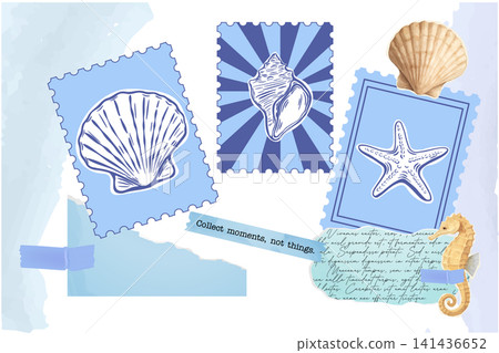 Stamp collage set with seashell marine postage frame on ocean scrapbook paper Stamp collage set with seashell marine postage frame on ocean scrapbook paper 141436652