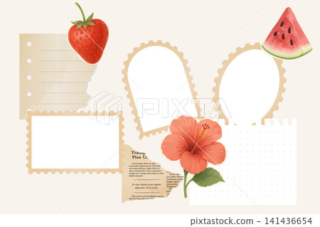 Summer fruit collage with blank postage stamp frame template scrapbook set Summer fruit collage with blank postage stamp frame template scrapbook set 141436654