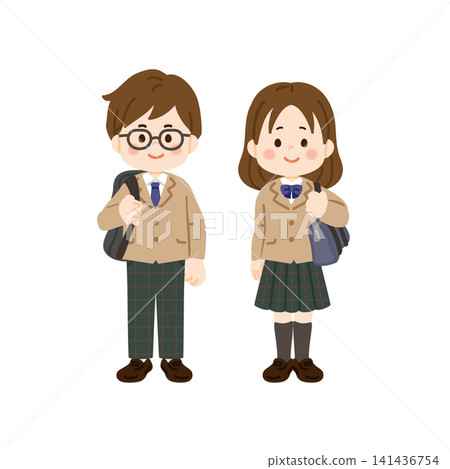 身穿西裝制服、背著背包或書包的學生。 身穿西裝制服、背著背包或書包的學生。 141436754