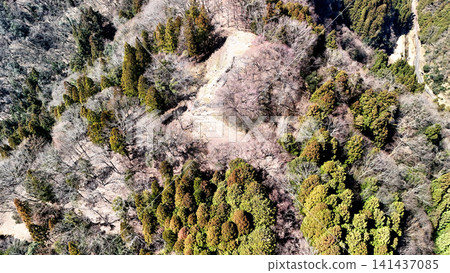 Aerial view of Yagi Castle, a mountain castle in Tajima Province, showing the baileys and stone walls. 141437085