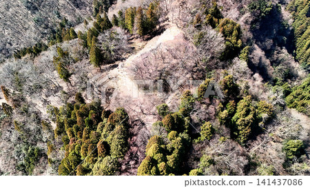 Aerial view of Yagi Castle, a mountain castle in Tajima Province, showing the baileys and stone walls. 141437086