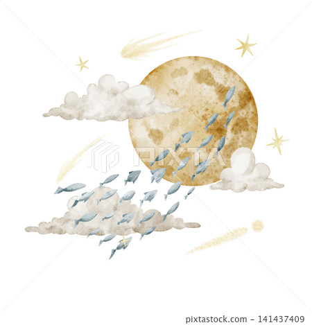 Full Moon with clouds, stars and shoal of fish watercolor illustration. Isolated fantasy celestial scene for nursery decor, galaxy artwork and dream childish projects. Art for baby design. 141437409