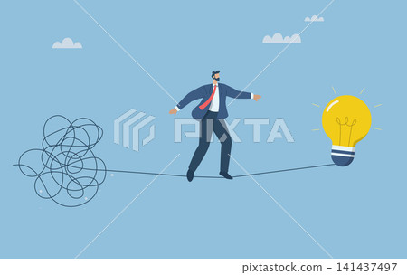 Solving business problems or difficult situations. Confusing and unraveling business problems. Creative thinking process in problem solving. Businessman walking from difficult to simple. Vector. 141437497