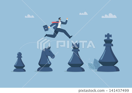A systematic step by step movement, Strategic confidence in a business challenge, Businessman leaping over chess pieces one step at a time to grow or succeed in his business. Vector illustration. 141437499