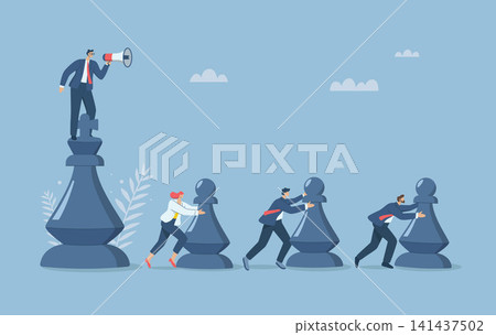 Businessman stands on chess piece with megaphone and orders his team to fight according to a planned strategy, Collaborative strategies for mutual success, Leadership in leading business teams. Businessman stands on chess piece with megaphone and orders his team to fight according to a planned strategy, Collaborative strategies for mutual success, Leadership in leading business teams. 141437502