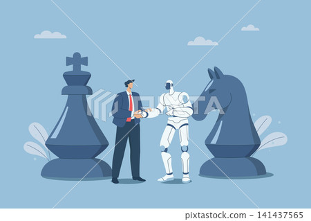 Business leaders join hands with robots, Human resource and AI strategy collaboration, Collaborative strategy for mutual success, Planning for important collaboration for the company. 141437565