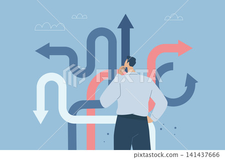 Confusion or decision about business approach, Difficult decision, Choosing the right direction, Finding the right business direction, Businessman thinking and making business decisions. Vector. Confusion or decision about business approach, Difficult decision, Choosing the right direction, Finding the right business direction, Businessman thinking and making business decisions. Vector. 141437666