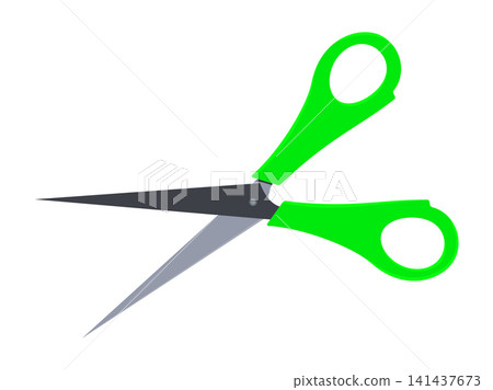 Vector illustration of open stationary scissors with bright green plastic handles and sharp metallic blades. Excellent vector asset for back-to-school promotional banners, craft and DIY workshop flyer Vector illustration of open stationary scissors with bright green plastic handles and sharp metallic blades. Excellent vector asset for back-to-school promotional banners, craft and DIY workshop flyer 141437673